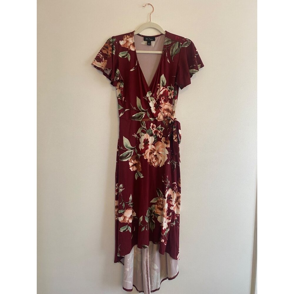 BCX Women’s Floral Wrap Dress Burgundy Flutter Sleeves High-Low Hem Size S